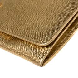 Pre Owned Prada Metallic Gold Saffiano Leather Flap Continental Wallet