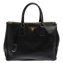 Pre Owned Prada Black Saffiano Lux Leather Medium Double Zip Tote