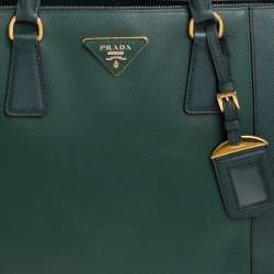 Pre Owned Prada Green Bicolor Saffiano Lux Leather Medium Galleria Tote