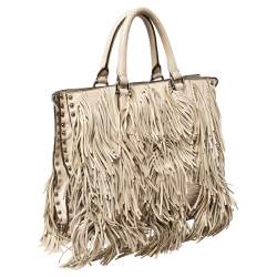 Pre Owned Prada Beige Leather Small Fringe Tote