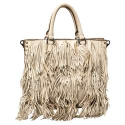 Pre Owned Prada Beige Leather Small Fringe Tote