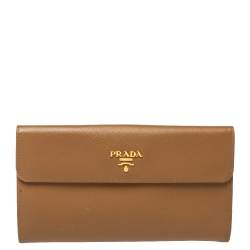 Pre Owned Prada Tan Saffiano Lux Leather Logo Flap Continental Wallet