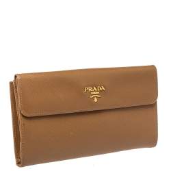 Pre Owned Prada Tan Saffiano Lux Leather Logo Flap Continental Wallet