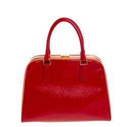 Pre Owned Prada Red/Orange Saffiano Parent Leather Pyramid Frame Top Handle Bag