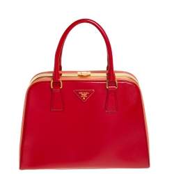 Pre Owned Prada Red/Orange Saffiano Parent Leather Pyramid Frame Top Handle Bag