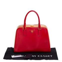 Pre Owned Prada Red/Orange Saffiano Parent Leather Pyramid Frame Top Handle Bag