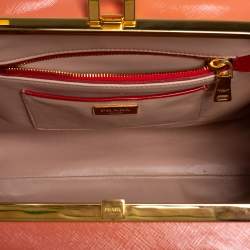 Pre Owned Prada Red/Orange Saffiano Parent Leather Pyramid Frame Top Handle Bag