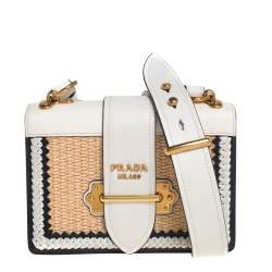Cahier woven straw and leather bag TAN+WHITE Prada