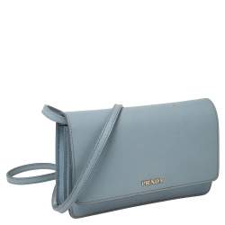 Pre Owned Prada Blue Leather Flap Crossbody Bag