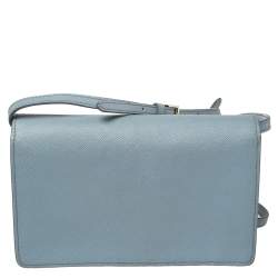 Pre Owned Prada Blue Leather Flap Crossbody Bag