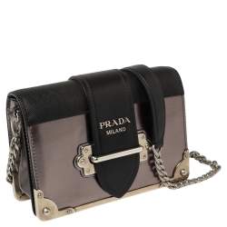 Pre Owned Prada Black/Metallic Saffiano Lux and Patent Leather Cahier Shoulder Bag