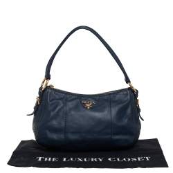 Pre Owned Prada Navy Blue Leather Zip Top Hobo
