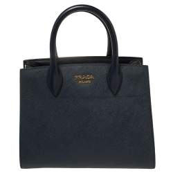 Pre Owned Prada Navy Blue/White Saffiano Leather Bibliotheque Tote