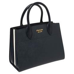Pre Owned Prada Navy Blue/White Saffiano Leather Bibliotheque Tote