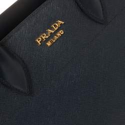 Pre Owned Prada Navy Blue/White Saffiano Leather Bibliotheque Tote