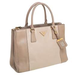 Pre Owned Prada Beige 2 Tone Saffiano Lux Leather Medium Double Zip Tote