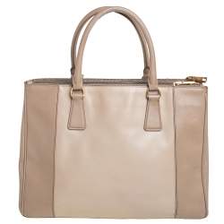 Pre Owned Prada Beige 2 Tone Saffiano Lux Leather Medium Double Zip Tote