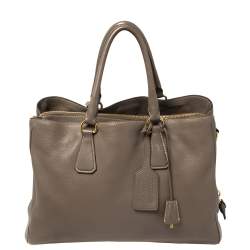 Pre Owned  Prada Taupe Cervo Leather Side Zipped Tote