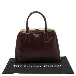 Pre Owned Prada Burgundy Saffiano Vernice Leather Pyramid Frame Satchel