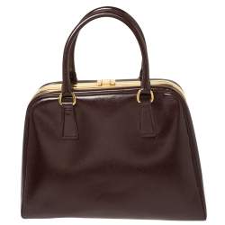 Pre Owned Prada Burgundy Saffiano Vernice Leather Pyramid Frame Satchel