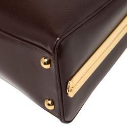 Pre Owned Prada Burgundy Saffiano Vernice Leather Pyramid Frame Satchel