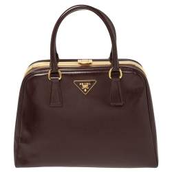 Pre Owned Prada Burgundy Saffiano Vernice Leather Pyramid Frame Satchel