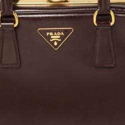 Pre Owned Prada Burgundy Saffiano Vernice Leather Pyramid Frame Satchel