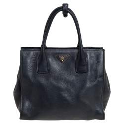 Pre Owned Prada Black Vitello Daino Leather Side Snap Tote