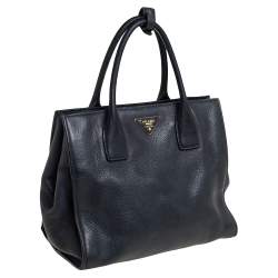 Pre Owned Prada Black Vitello Daino Leather Side Snap Tote