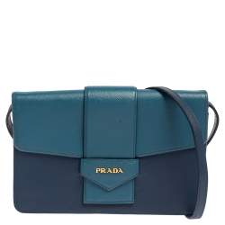 Pre Owned Prada Two Tone Blue Saffiano Lux Leather Flap Crossbody Bag