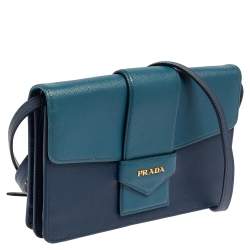 Pre Owned Prada Two Tone Blue Saffiano Lux Leather Flap Crossbody Bag