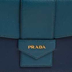 Pre Owned Prada Two Tone Blue Saffiano Lux Leather Flap Crossbody Bag