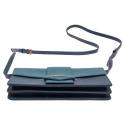 Pre Owned Prada Two Tone Blue Saffiano Lux Leather Flap Crossbody Bag
