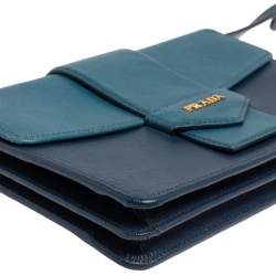 Pre Owned Prada Two Tone Blue Saffiano Lux Leather Flap Crossbody Bag