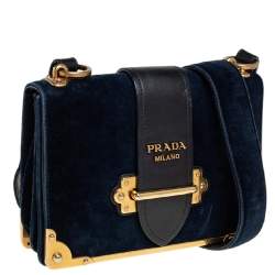 Pre Owned Prada Teal Blue/Black Velvet and Leather Cahier Shoulder Bag