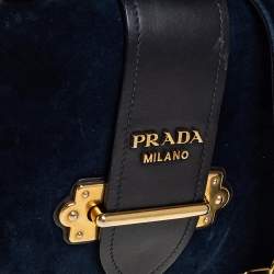 Pre Owned Prada Teal Blue/Black Velvet and Leather Cahier Shoulder Bag