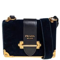 Pre Owned Prada Teal Blue/Black Velvet and Leather Cahier Shoulder Bag