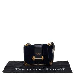Pre Owned Prada Teal Blue/Black Velvet and Leather Cahier Shoulder Bag