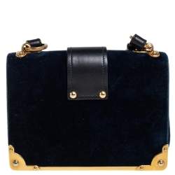 Pre Owned Prada Teal Blue/Black Velvet and Leather Cahier Shoulder Bag