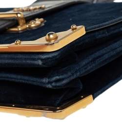 Pre Owned Prada Teal Blue/Black Velvet and Leather Cahier Shoulder Bag