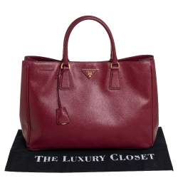 Pre Owned Prada Burgundy Saffiano Lux Leather Medium Galleria Tote