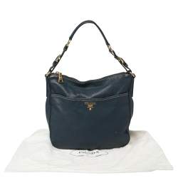 Pre Owned Prada Navy Blue Vitello Daino Leather Front Pocket Hobo