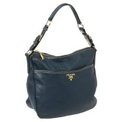 Pre Owned Prada Navy Blue Vitello Daino Leather Front Pocket Hobo