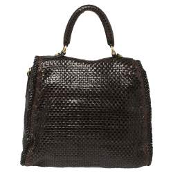 Pre Owned Prada Dark Brown/Black Woven Madras Leather Flap Top Handle Bag
