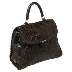 Pre Owned Prada Dark Brown/Black Woven Madras Leather Flap Top Handle Bag