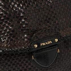 Pre Owned Prada Dark Brown/Black Woven Madras Leather Flap Top Handle Bag