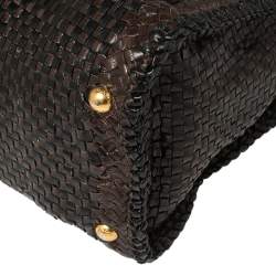 Pre Owned Prada Dark Brown/Black Woven Madras Leather Flap Top Handle Bag