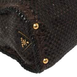 Pre Owned Prada Dark Brown/Black Woven Madras Leather Flap Top Handle Bag