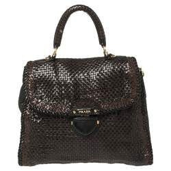 Pre Owned Prada Dark Brown/Black Woven Madras Leather Flap Top Handle Bag
