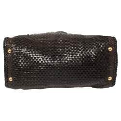 Pre Owned Prada Dark Brown/Black Woven Madras Leather Flap Top Handle Bag